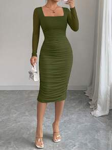PRETTYGARDEN Women Midi Dresses Fall  Long Sleeve Ruched Bodycon Homecoming Cocktail Wedding Guest Dress New Years  Party Valentine  Vacation Outfits Spring Dresses For Women Vestidos Elegantes De Mujer - 軍綠色 - 查看 5