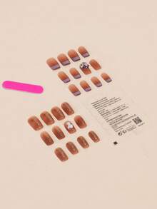 24pcs Square/Nude Tea Ombre Purple Rhinestone Elegant Nail Stickers, Filled With Fresh And Pure Atmosphere, Understated Luxury - Multicolor - View 3