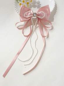 1pc Girls' Delicate Minimalist Bow Pearl Tassel Rhinestone Ribbon Spring Clip - Multicolor - View 12