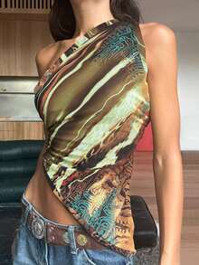 Graphic Print One Shoulder Asymmetrical Hem Top Asymmetrical Top Summer Vacation - Brown - View 2