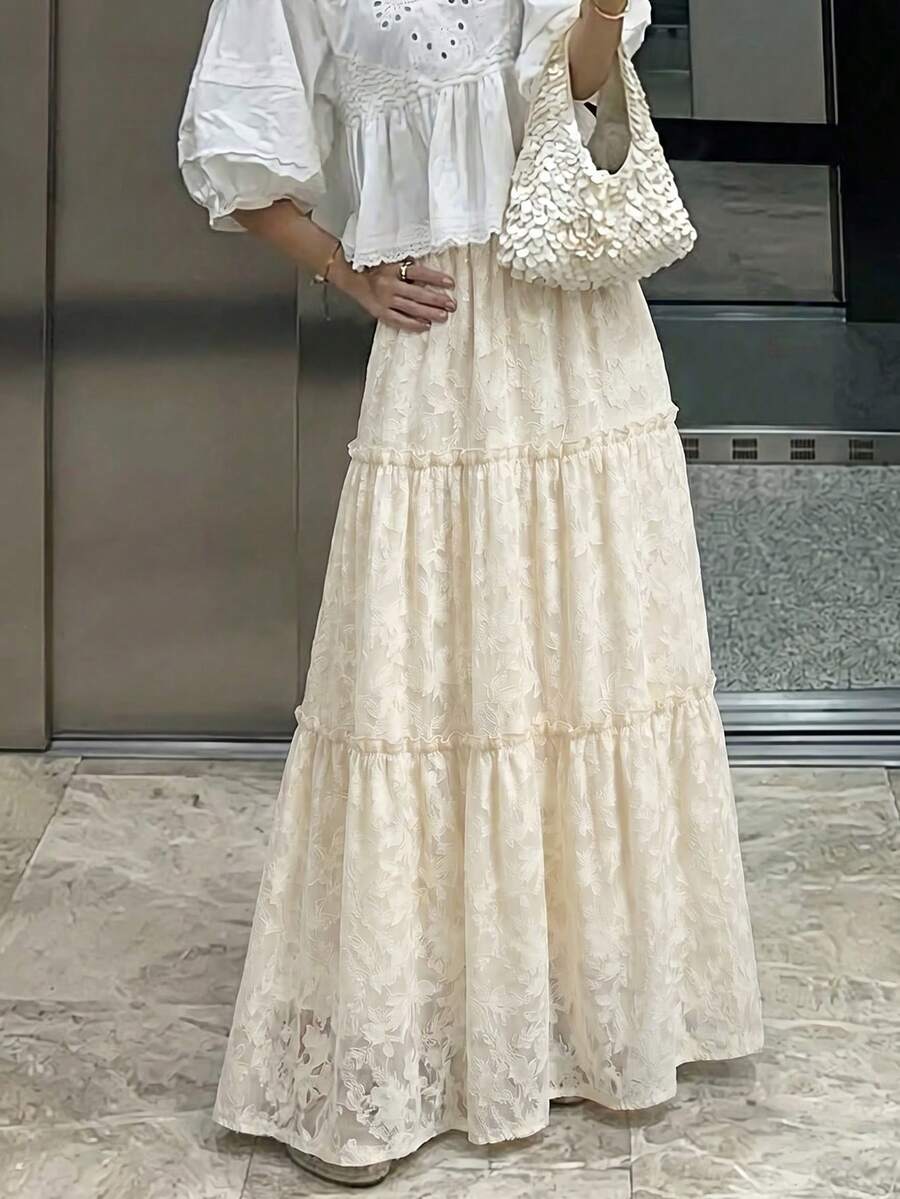 EARO 女士优雅多层长裙，无弹力面料，休闲高腰花卉蕾丝长裙，夏季款 - 杏色 - 查看 1