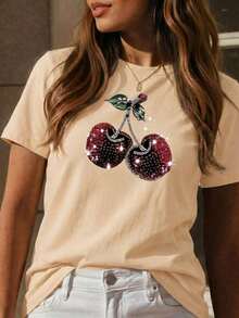 New Women's Short-Sleeved Crew Neck T-Shirt, Summer Design, With A Simple And Modern Letter Print, Breathable And Sweat-Wicking. Express Shipping From Local Warehouse, Couple's Style, Couple's Outfits - Vintage Street Style Unisex Loose Cotton Short Sleeve Crew Neck T-Shirt - 杏 - 查看 3