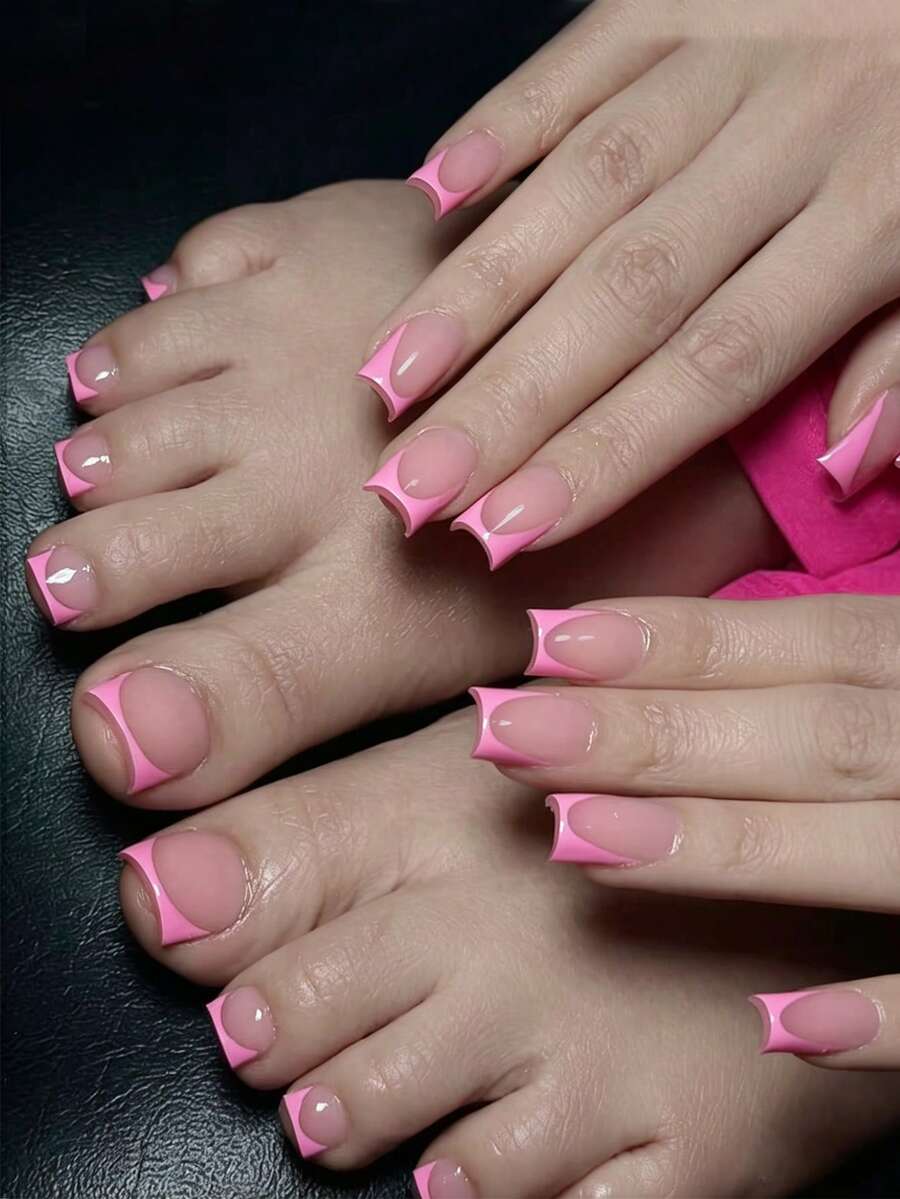 Y2K 24片短方形粉色法式极简时尚美甲贴片和24片中方形美甲贴纸,适合任何场合 - 彩色 - 查看 1
