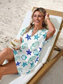Vestido corto casual para mujer, color blanco con estampado marino de estrellas de mar, caballitos de mar y conchas, cuello en V y mangas cortas, diseño fresco y holgado, ideal para primavera-verano, playa, vacaciones y salidas informales - Multicolor 12 - Ver 11