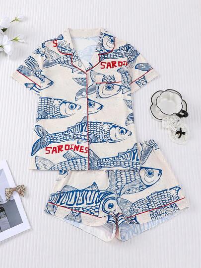 2pcs White Base Cute Grass Carp Letter Animal Print Pajama Set, Comfortable Short Sleeve Cardigan Collar Shirt And Loose Elastic Shorts, Summer Shorts Set, Beautiful And Fashionable For Outdoor, All Seasons, Home Wear For Women