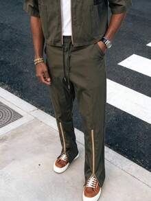 Men's Casual Street Zipper Drawstring Pocket Long Pants, Summer - Army Green - View 3
