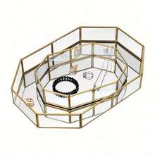 Elegant Golden-Framed Glass Mirror Vanity Tray - Hexagonal Design For Perfumes, Makeup, Jewelry | Perfect For Dresser, Bathroom Decor & Home Organization | Ideal Gift For Women, Decorative Centerpiece|Luxurious Design|Mirrored Glass Surface, Vanity Accessories - 彩色 - 查看 5