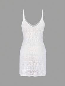 Women's Sexy Hollow Out Sheer Open Slit Sleeveless Camisole Mini Cover Up Dress Vacation Beach - White - View 9