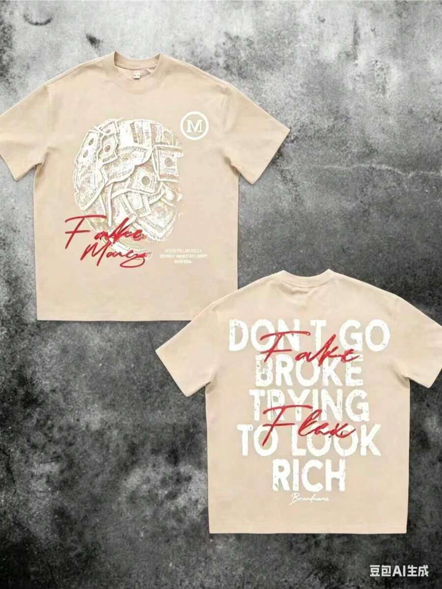 Money Graphic% Cotton Shirt Don'Go Broke Trying To Look Rich Statement Double Sided Streetwear 220gCasual Short-Sleeve-Shirts Men And Women - 杏色 - 查看 1