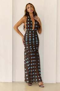 Women's Sexy Polka Dot Halter Long Dress Sleeveless Bodycon Fit And Flare With Ruched Details, Elegant And Stylish For Summer Events - màu nâu - Xem 9