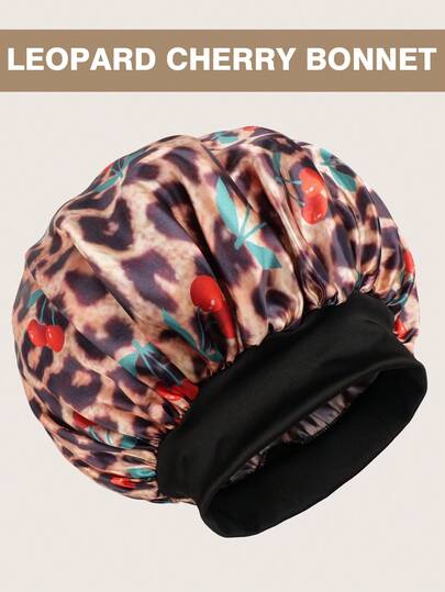 1pc Leopard Cherry Print Satin Hair Bonnet, Soft Silky Sleep Cap For Curly Hair, Frizz & Breakage Protection Night Bonnet With Elastic Band Oversized Silk Hair Cap For Braids & Natural Hair Care