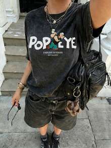 Vintage Washed Cartoon Print Short Sleeve T-Shirt, Retro 90s Aesthetic Casual Streetwear - Black - View 2