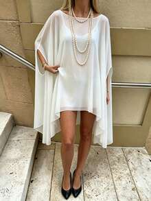 Blusa Poncho Mujer Transparente Cuello Barco Suelta con Bajo Irregular Ligera Cover Up Playa Vacaciones Verano - Blanco - Ver 3