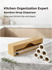 1pc Bamboo Dispenser With Cutter, Suitable For Kitchen Drawers - For Plastic Wrap And Foil, Wall Or Drawer Organizer, Home Kitchen Accessories, Home Storage Containers, Kitchen Storage, Cling Film Storage Box - Multicolor - View 4