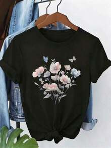 Women's Short Sleeve T-Shirt With Watercolor Butterfly Floral Print, Delicate Fairy Style, Fresh Gradient Flower Print, Versatile Top For Everyday Wear--Circles - 黑色 - 查看 6