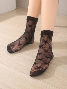 1/5 Pairs Women's Black Fishnet Socks With Star Pattern, Thin Breathable Elastic Ankle Socks - Multicolor - View 3