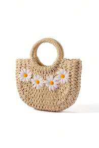 Trivaya Mini Straw Woven Crossbody Shoulder Bag Daisy Decor Purse Handbag Summer Bag,Perfect For Summer Beach Travel Vacation - Beige - View 3