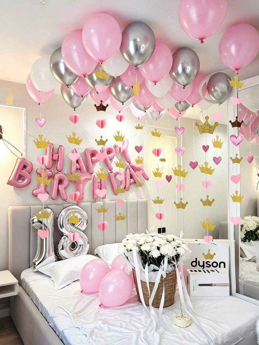44 Stücke/Set weiße & rosa Geburtstagsballons, inklusive goldener Glitzer 3D Papier Krone, Herz Kranz, weiße, rosa, silberne Latex Ballons, "Happy Birthday" rosa Buchstaben, geeignet für Geburtstagsfeiern, Valentinstag, Junggesellinnenabschied, Verlobung, Hochzeit, Jahrestags Dekoration - Verschiedenfarbig - Übersicht 1