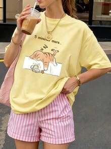 1 pieza Camiseta de mujer de manga corta y cuello redondo para verano, con estampado de letras en inglés Gato durmiendo, adecuada para verano, playa, calle, fiestas diarias.Top elegante de vacaciones Y2K, conjunto casual de verano, ropa de vacaciones para mujer,Soft Fabric, Loose Design, Round Neck, Short Sleeves, Springsummer, Daily Wear - Blanco - Ver 9