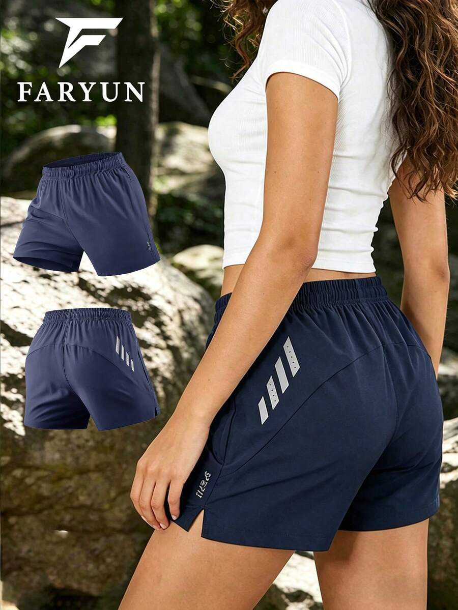 Women's Casual Versatile Printed Design Shorts, Solid Color Minimalist Elegant Casual Outdoor Bermuda Shorts Sports - Navy Blue - View 1