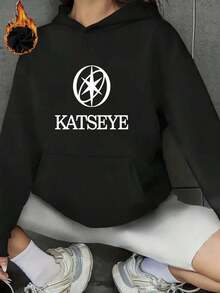 Women's KATSEYE Printed Hoodie - Loose Casual Long Sleeve Pullover With Pockets, All-Season Black And White Street Style, Machine Washable Comfortable Fashionable Top, Women's Winter Clothing, Fitness Wear, Women's Christmas Outfit, Gothic Christmas Outfit, Women's Autumn Clothing, Hoodie, Women's Sweatshirt - màu đen - Xem 3