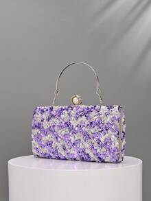 1pc Ombre Purple & White Sequin Clutch Bag, Shiny Metal Handle Evening Handbag, Suitable For Women's Party And Wedding - Violet Purple - View 5