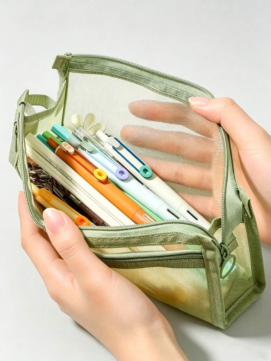 Mesh Pencil Case, Double Layer Large Capacity Transparent Stationery Bag, Student Exam Pencil Pouch, Middle School Exam Dedicated Stationery Bag - Multicolor - View 1