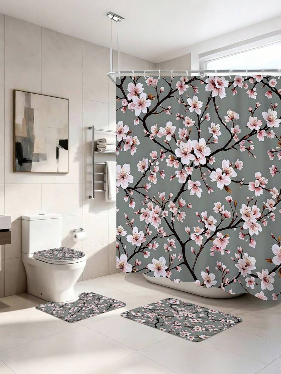 1/3/4 pièces Ensemble de salle de bain floral gris Sakura, rideau de douche imprimé vintage élégant de branches roses Sakura, imperméable et anti-moisissure, tapis de bain antidérapant doux + housse de siège de toilette + tapis en forme de U, 12 crochets inclus, convient pour toutes les saisons, décoration de la maison, rénovation locative, rafraîchissement de la salle de bain pour les fêtes, utilisation dans la douche sèche-humide, cadeau pour le réchauffe-maison/anniversaire/fête des enfants/fête des mères/fête des pères