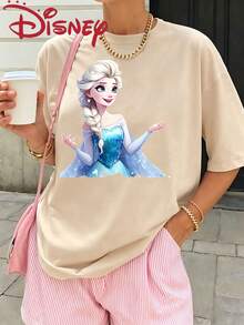 Disney Frozen Elsa Queen Print T-Shirt, Fashionable Short Sleeved T-Shirt, Comfortable Fabric, Suitable For Summer Beach And Outdoor Travel Activities - Màu be - Xem 1