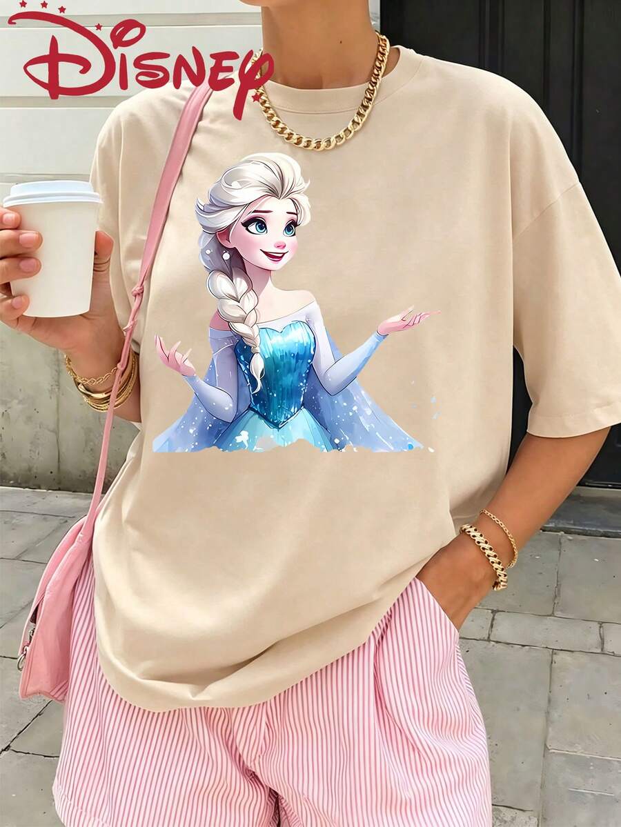 Disney Frozen Elsa Queen Print T-Shirt, Fashionable Short Sleeved T-Shirt, Comfortable Fabric, Suitable For Summer Beach And Outdoor Travel Activities - Màu be - Xem 1