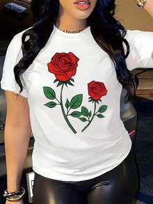 T-Shirt With Rose Pattern And Round Neck, Casual Short-Sleeved Top For Spring And Summer, Women's Summer Clothing - White - View 5