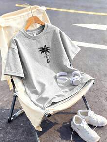 This Is A Casual Gray Round Neck T-Shirt Designed For Young Girls, Featuring Coconut Tree Pattern And Letter Print Design. - Grey - View 2