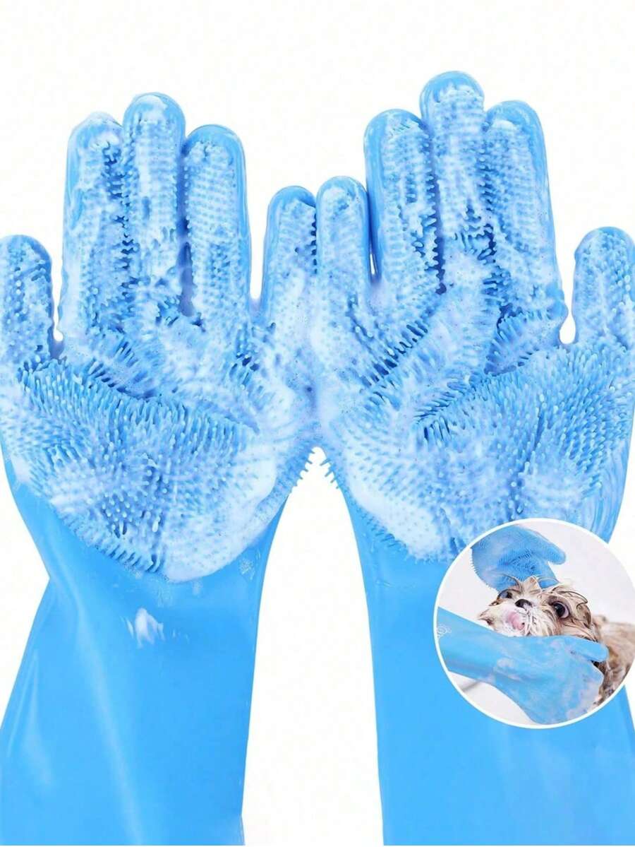 1 Set de guantes de baño para mascotas en color verde, cepillo de baño de silicona para perros/gatos, accesorios de baño para mascotas - Verde - Ver 1