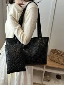 2026 New Arrival European And American Woven Pattern Large Capacity Tote Bag, Women's Commuter Versatile Shoulder Handbag, Fashion Minimalist Top Handle Bag - Black - View 6
