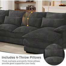 OUYESSIR Sofá Seccional en Forma de U, 132" Sofá Modular Acolchado con Doble Chaise Longue, Consola Central y Puerto USB, Cómodos Sofás Seccionales Grandes de Chenilla para Sala de Estar, Negro Oscuro - Gris Oscuro - Ver 6