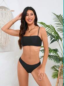 Sexy Two-Piece Solid Color Bikini Swimsuit With Straps - Black - View 5