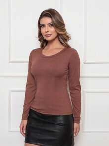 Set Of 4 Women's Long-Sleeved Ribbed Crew Neck Blouses, Thermal Base Layer Blouses, Autumn/Winter 2026 - 2 棕色/黑色/米色 - 查看 5