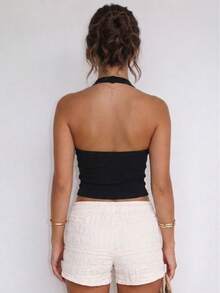 Women's Ribbed Halter Neck Crop Tank Top, Slim Fit Sleeveless Bodycon Casual Tops - Black - View 2