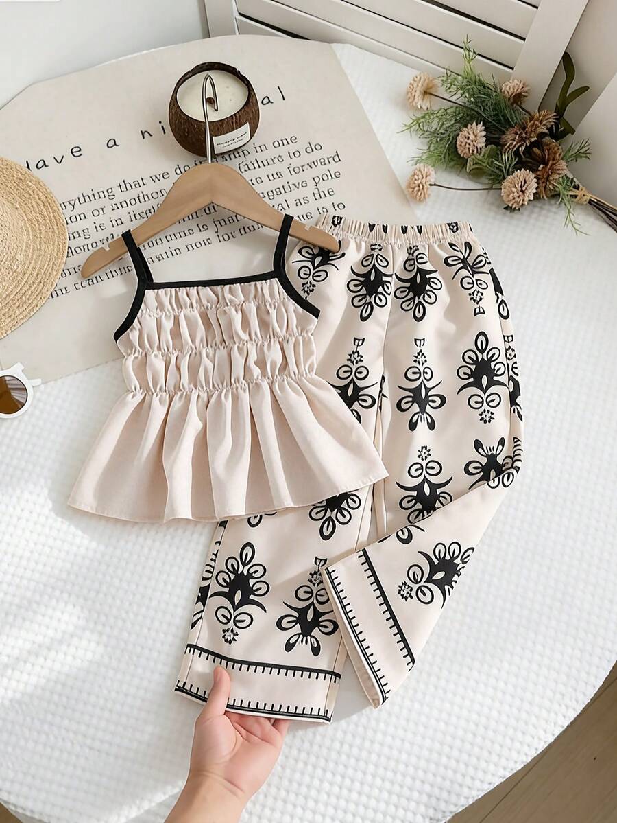 Bộ đồ thể thao thường ngày cho bé gái: áo croptop không tay ôm sát, nhún bèo và quần cạp chun. - Màu be - Xem 1