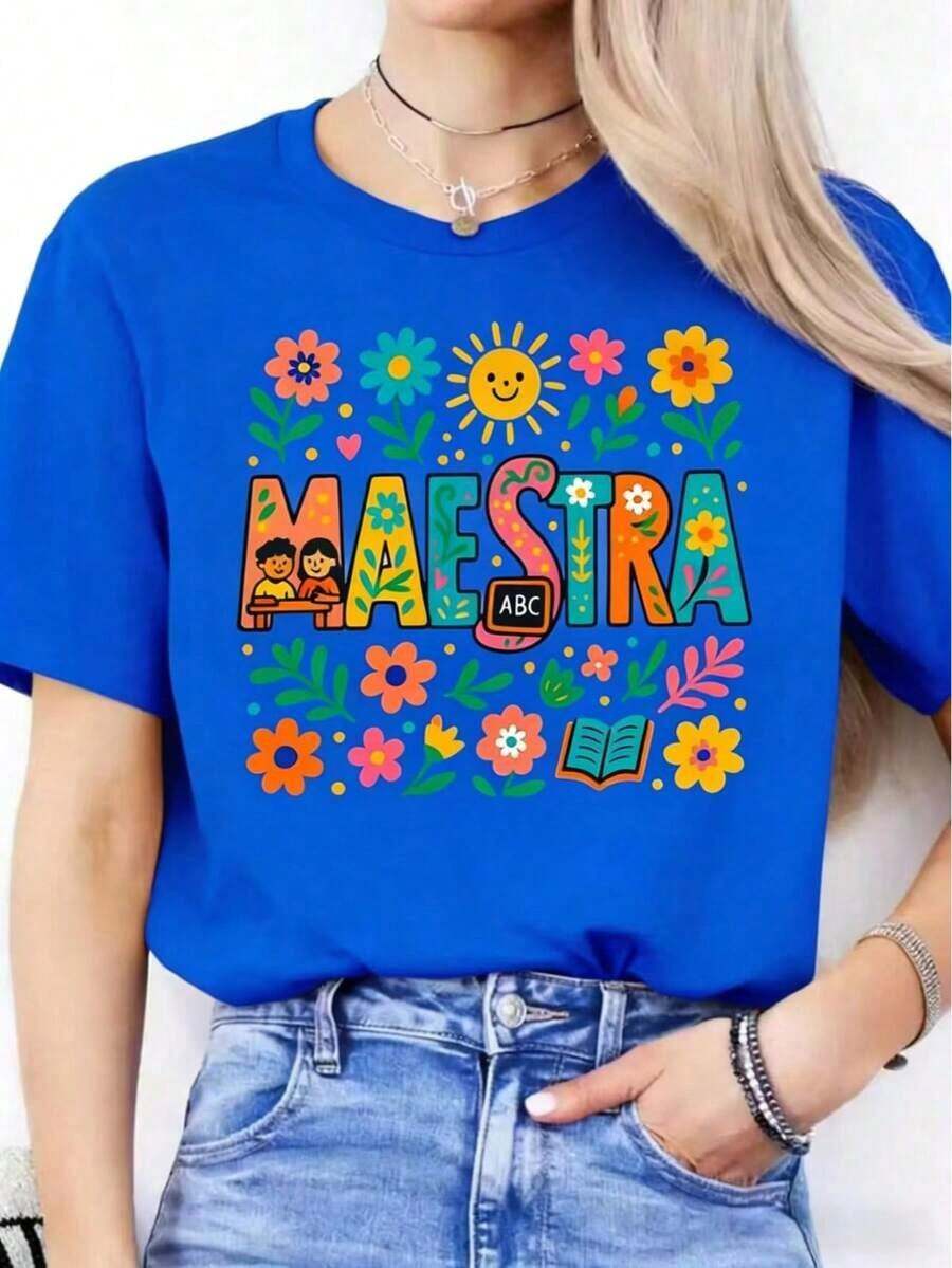 NuevoVeranoCasual | 1 Playera para Mujer 100% Algodón Transpirable | Camiseta Gráfica Vibrante "Maestra" para Mujeres - Diseño Floral y Sol Colorido, Top Casual de Manga Corta y Cuello Redondo para Primavera/Verano, Púrpura Claro con Letras Azules, Perfecta para Maestros o Educadores, Ropa Casual | Diseño Juguetón | Tela de elasticidad media, - Ideal para el verano - Camiseta unisex de algodón holgada de manga corta y cuello redondo estilo vintage urbano - Azul - Ver 1