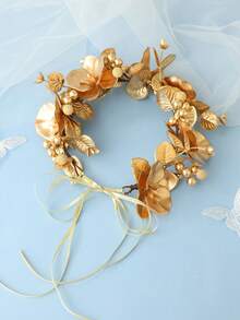 Coroa de flores romântica (1 unidade), decorada com pérolas artificiais e flores. Presente elegante para o Dia dos Namorados, festivais e festas. - Ouro - Ver 6