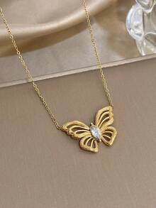 1Pc 18k Gold Plated Stainless Steel Butterfly Pendant Necklace For Women Ladies, Summer Bohemia Beach Stainless Steel Jewelry, Vacation Season, Gifts For Mom, For Daily Party Dates Gala Wedding Valentine Anniversary Music Festival Christmas, Dates, Easter Day - Multicolor - View 11