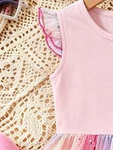 Vestido de Princesa Unicornio Infantil, Vestido de Baile y Fiesta con Falda de Tul de Arcoíris y Flores, Perfecto para celebraciones de verano, cumpleaños y fiestas patrias, estilo cómodo y muy adorable para niñas pequeñas - Multicolor 5 - Ver 5