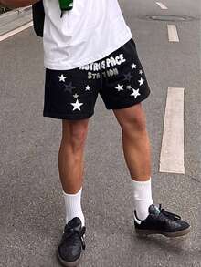 HEYKESON Pantalones cortos casuales de estilo callejero con cordón en la cintura y estampado de estrellas y letras para hombres - Negro - Ver 5