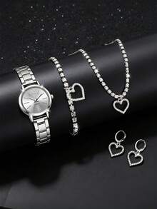 Bộ 5 chiếc đồng hồ nữ nhỏ nhắn, thanh lịch với mặt số màu xám bạc, máy quartz, hình trái tim, thích hợp làm quà tặng, đeo hàng ngày, bộ đồng hồ mới. - Bạc - Xem 3