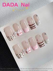 10 Stück kurze quadratische handgemachte Aufklebe-Nägel, süß-mädchenhafte französische Spitzen Fake Nägel, Polka Dot, Streifen & 3D Schleife Strass Nail Art, glänzende Oberfläche, wiederverwendbare Acryl Nägel für den täglichen Gebrauch - Verschiedenfarbig - Übersicht 4