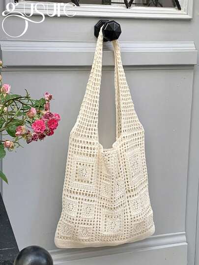 Women's Knitted Shoulder Bag, Large Capacity Casual Commuter Hollow Woven Tote Bag, Minimalist Crochet Knitted Ladies Shopping Bag, Fashionable Hollow Knitted Women's Shoulder Bag, Casual Ladies Handbag