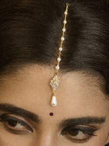1pc New Traditional Headpiece, European And American Bridal Wedding Floral Forehead Chain Hair Accessory,Festival,Party - Gold - View 1