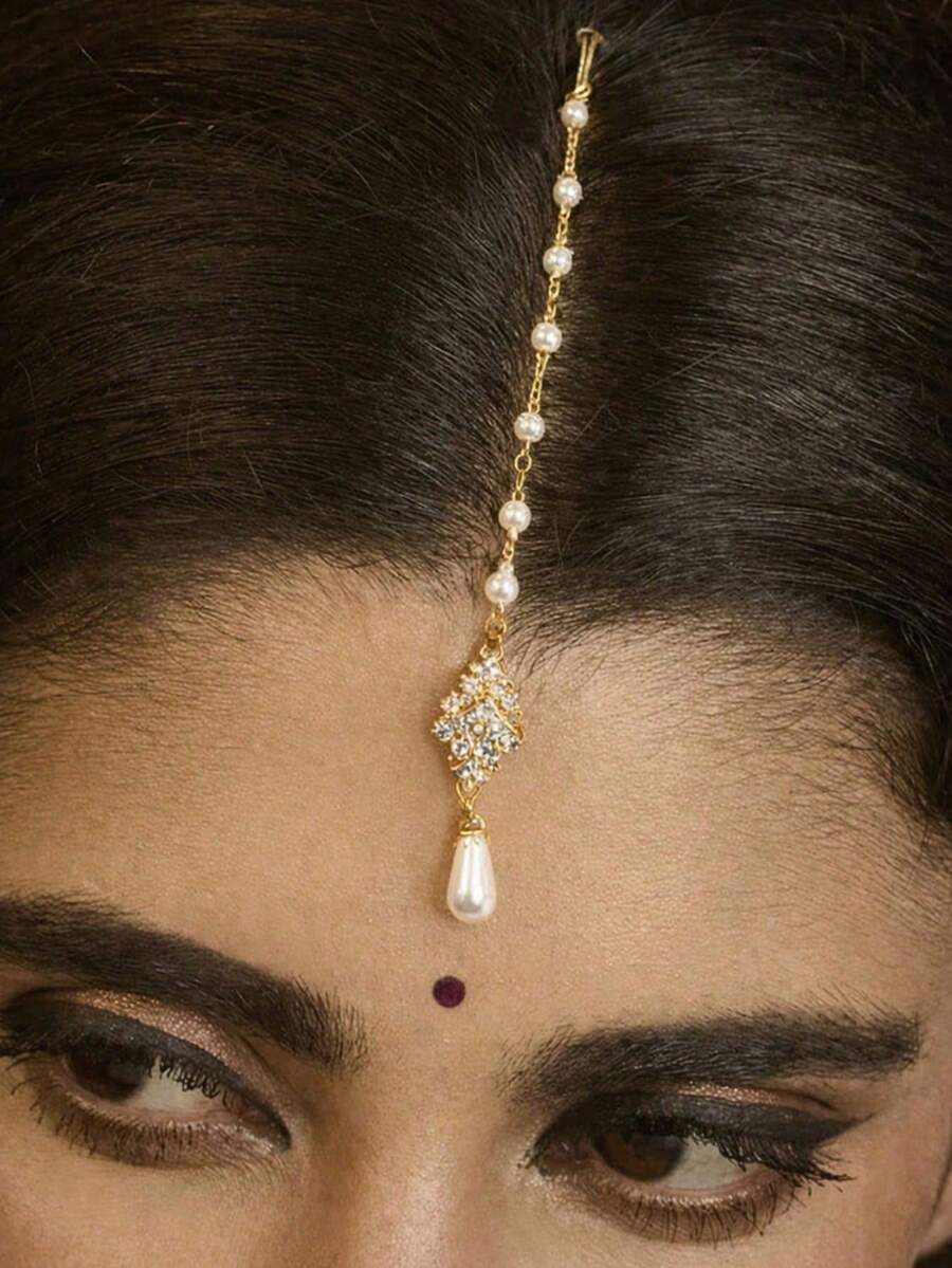 1pc New Traditional Headpiece, European And American Bridal Wedding Floral Forehead Chain Hair Accessory,Festival,Party - Gold - View 1