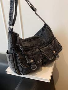 New Casual Chic Soft Jeans Multi-Layer Crossbody Bag With Multiple Pockets, Versatile Commuter Large Capacity Women's Shoulder Bag, Suitable For Work Commuting, Shopping And Traveling. - Black - View 8